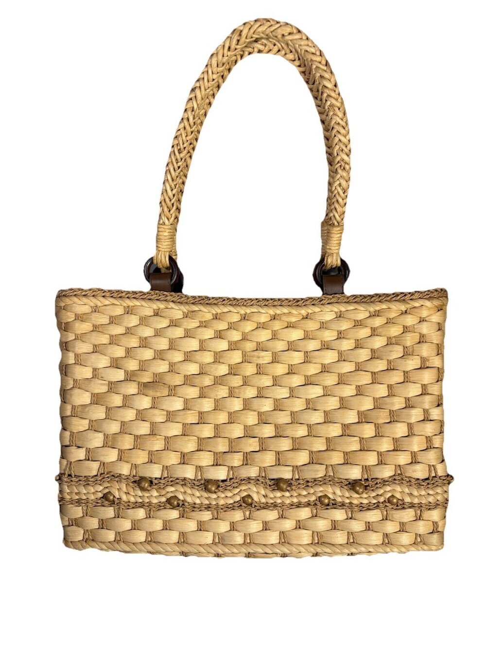 Woven 100% Corn Husk Purse with Beading Braided Handles Boxy Shape Natural